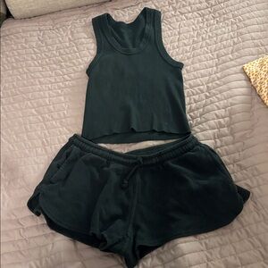 Brandy Melville Dark Green Ribbed Tank Top and shorts
